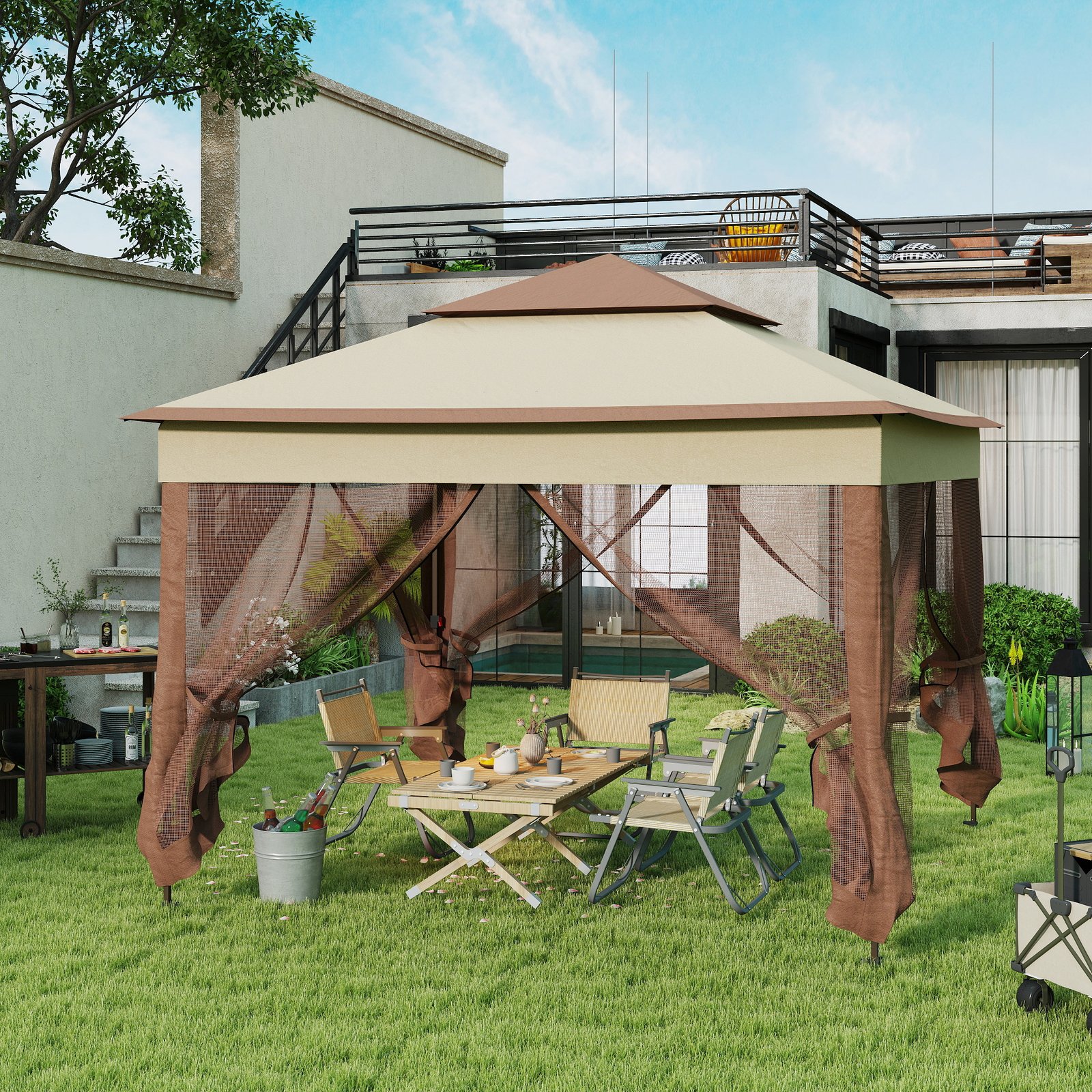 Outsunny 3 x 3(m) Pop Up Gazebo, Double-roof Garden Tent with Netting and Carry Bag, Party Event Shelter for Outdoor Patio, Khaki
