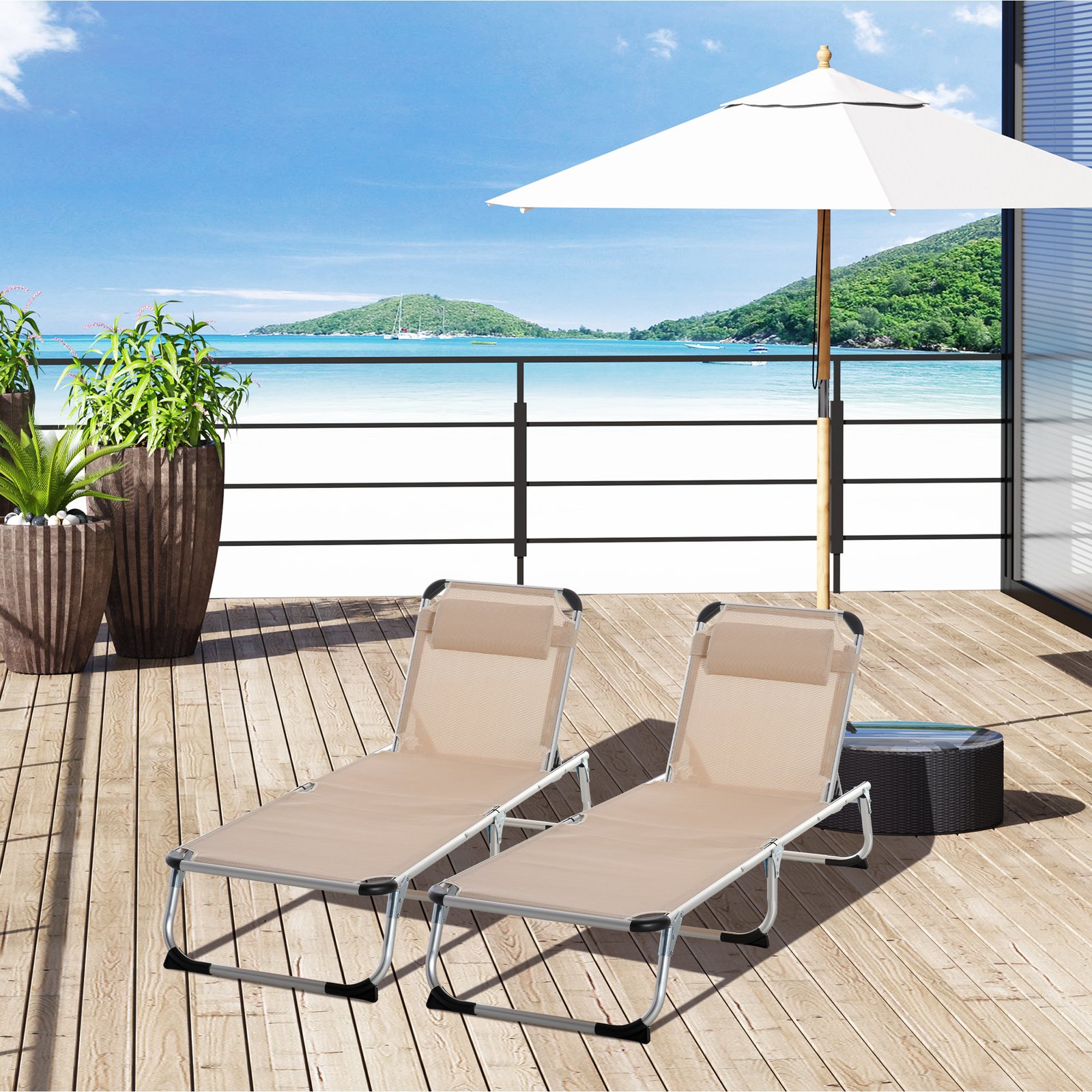 Outsunny Foldable Outdoor Sun Loungers Set of 2, Reclining Lounge Chair Camping Bed Cot with Pillow 4-Level Adjustable Back Aluminium Frame, Khaki