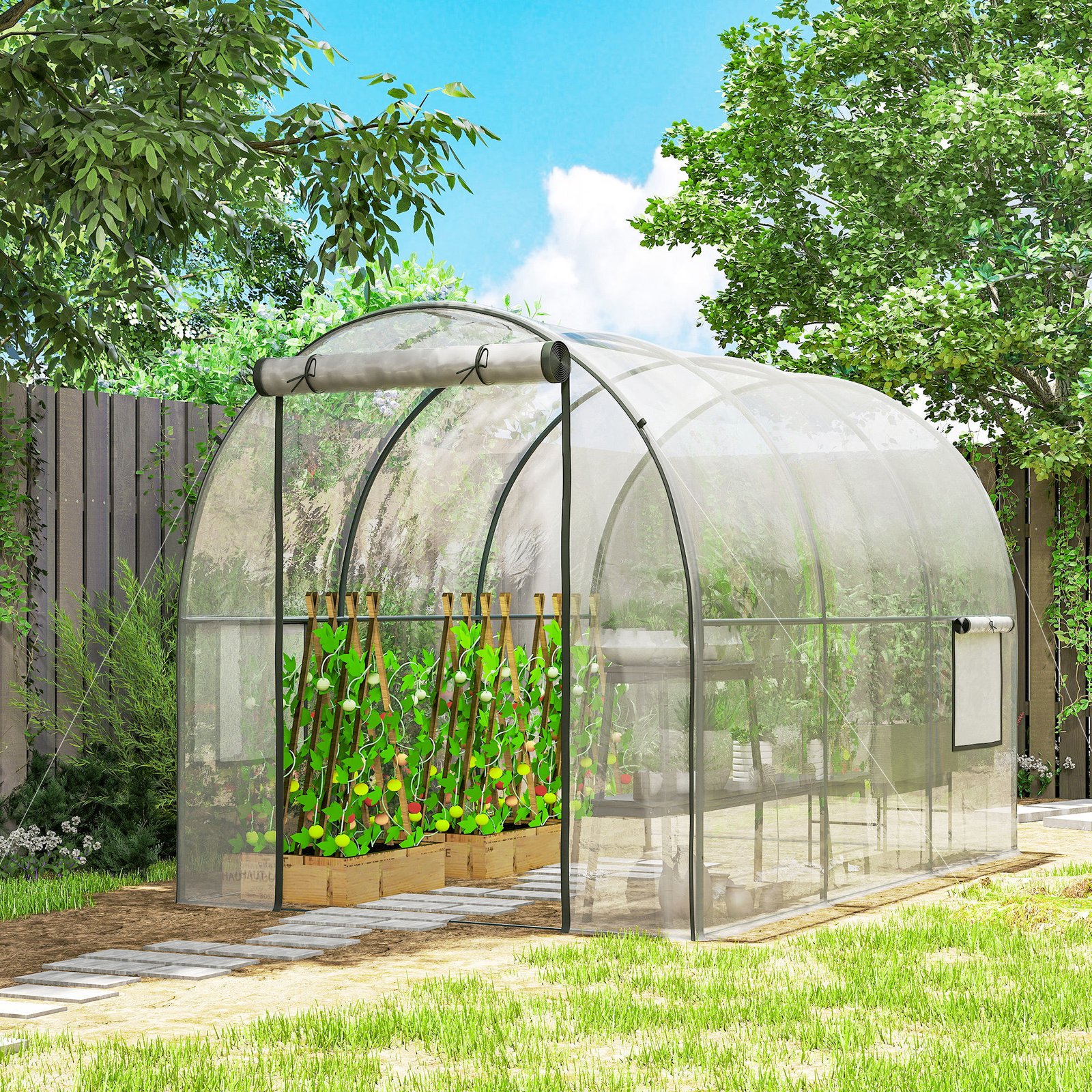 Outsunny Polytunnel Greenhouse Walk-in Grow House with Plasric Cover, Door, Mesh Window and Steel Frame, 3 x 2 x 2m, Clear