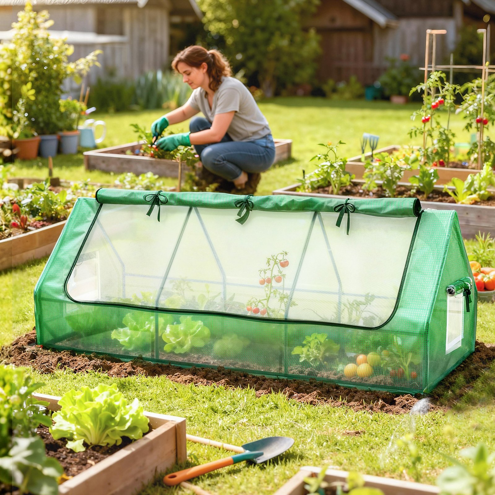 Outsunny Portable Small Polytunnel, Mini Greenhouse with Mesh Windows for Indoor and Outdoor, 240x90x90cm, Green