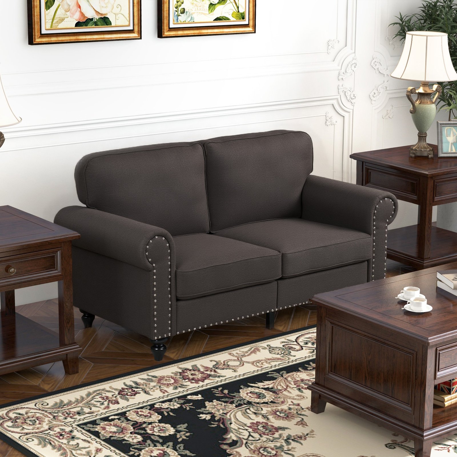 HOMCOM Two-Seater Mid-Century Sofa, with Pocket Springs - Dark Brown