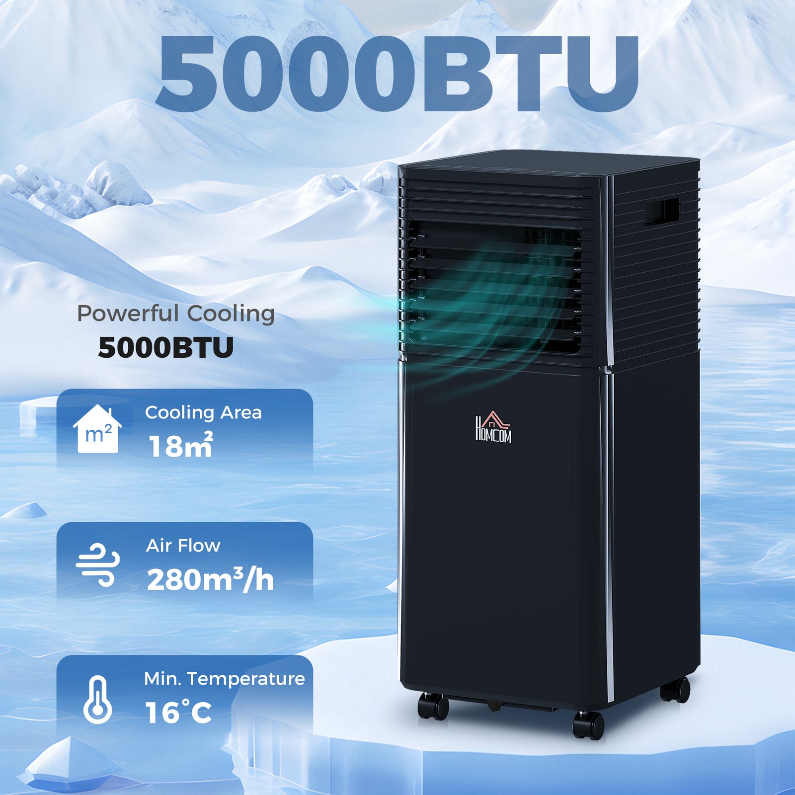 HOMCOM 5000 BTU 4-In-1 Portable Air Conditioner Unit Cooling Dehumidifying Ventilating for Room up to 18m, with Fan, Remote, 24H Timer, Window Mount Kit, R290, A Energy Efficiency