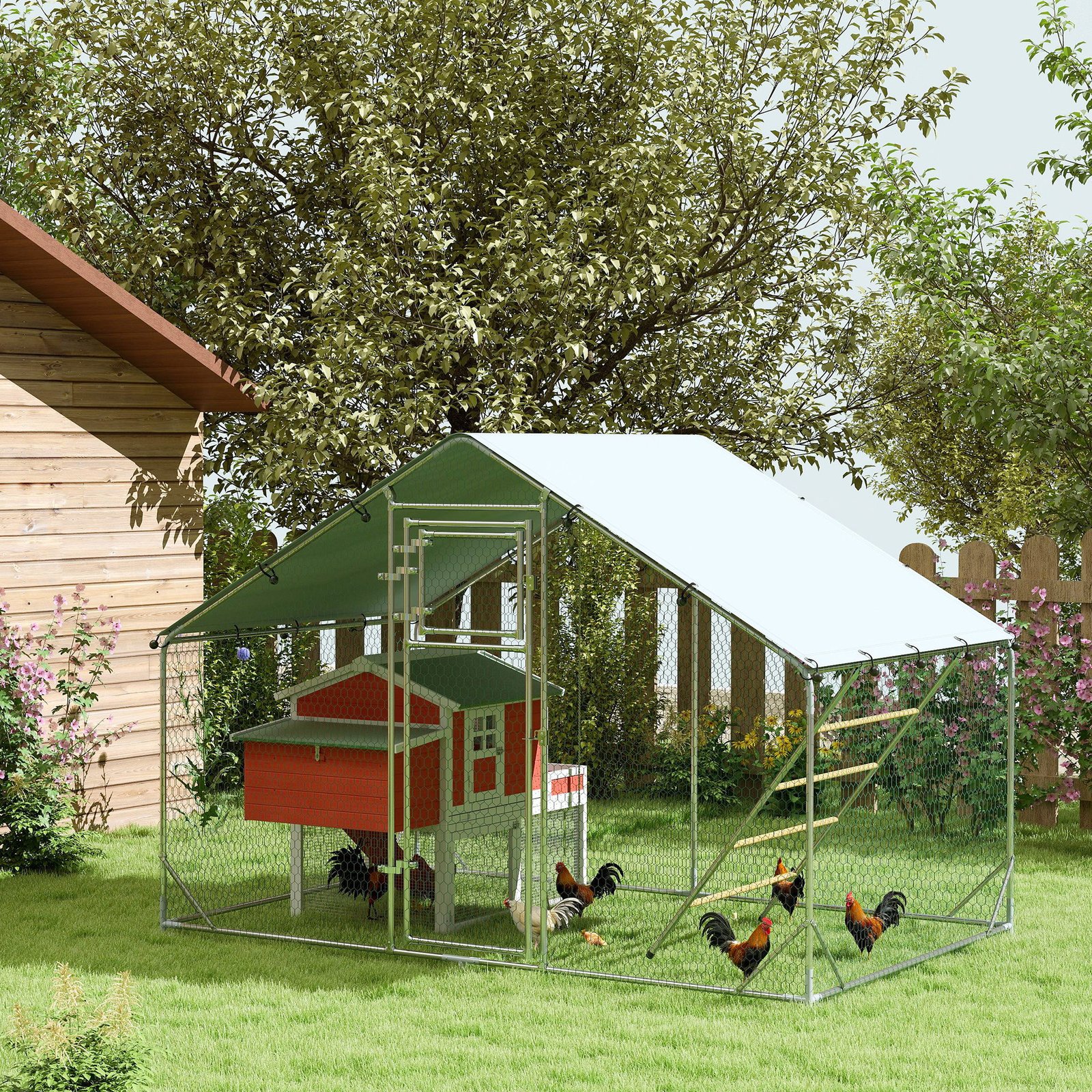 PawHut Walk-in Chicken Run w/ Cover, Feeding Door, Hanging Feeder, Perch, for 6-8 Poultry