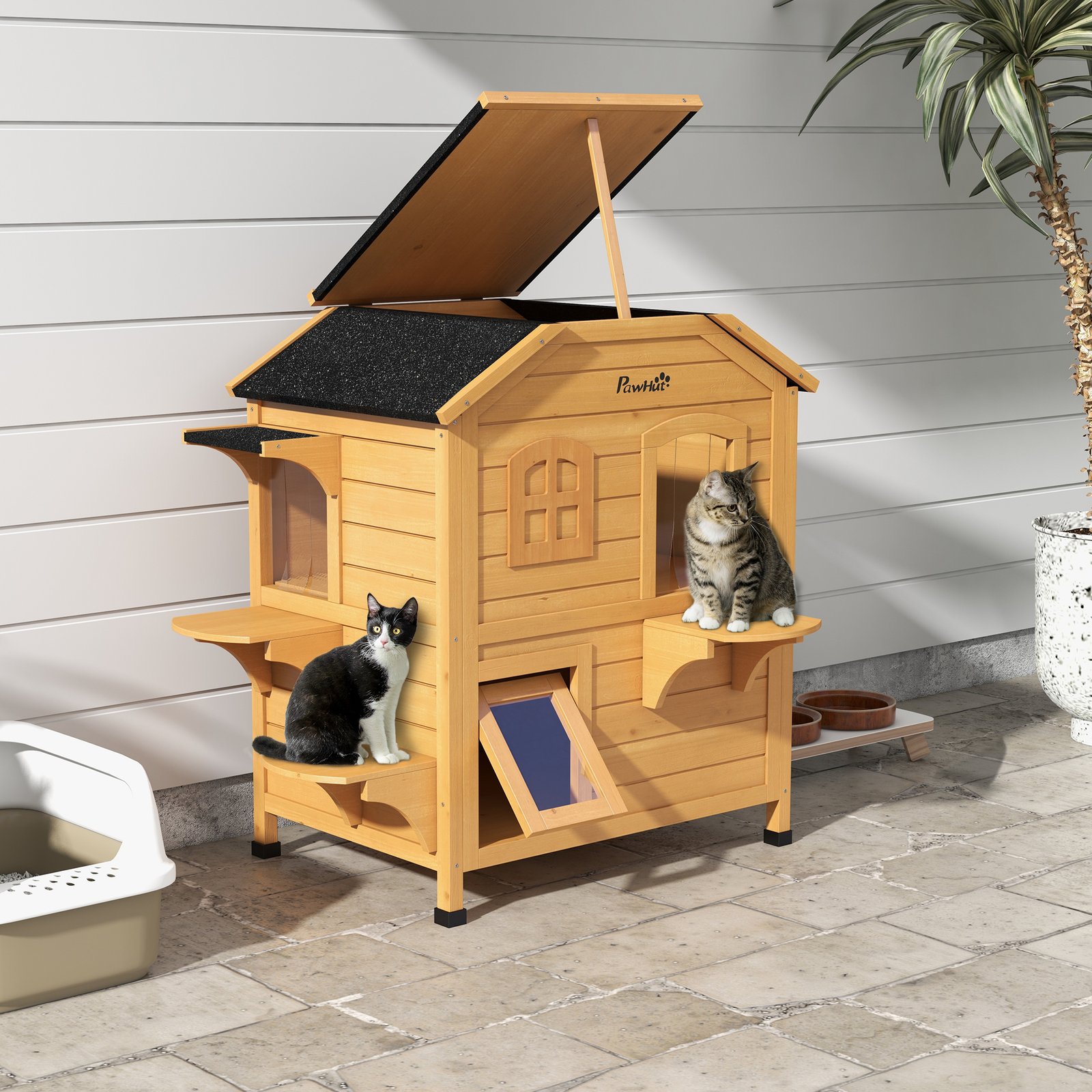 PawHut2-story Cat House Outdoor, WeatherproofWooden Cat Enclosure for Feral Cats with Escape Door, Openable Roof, Jumping Platforms, Natural Wood Finish