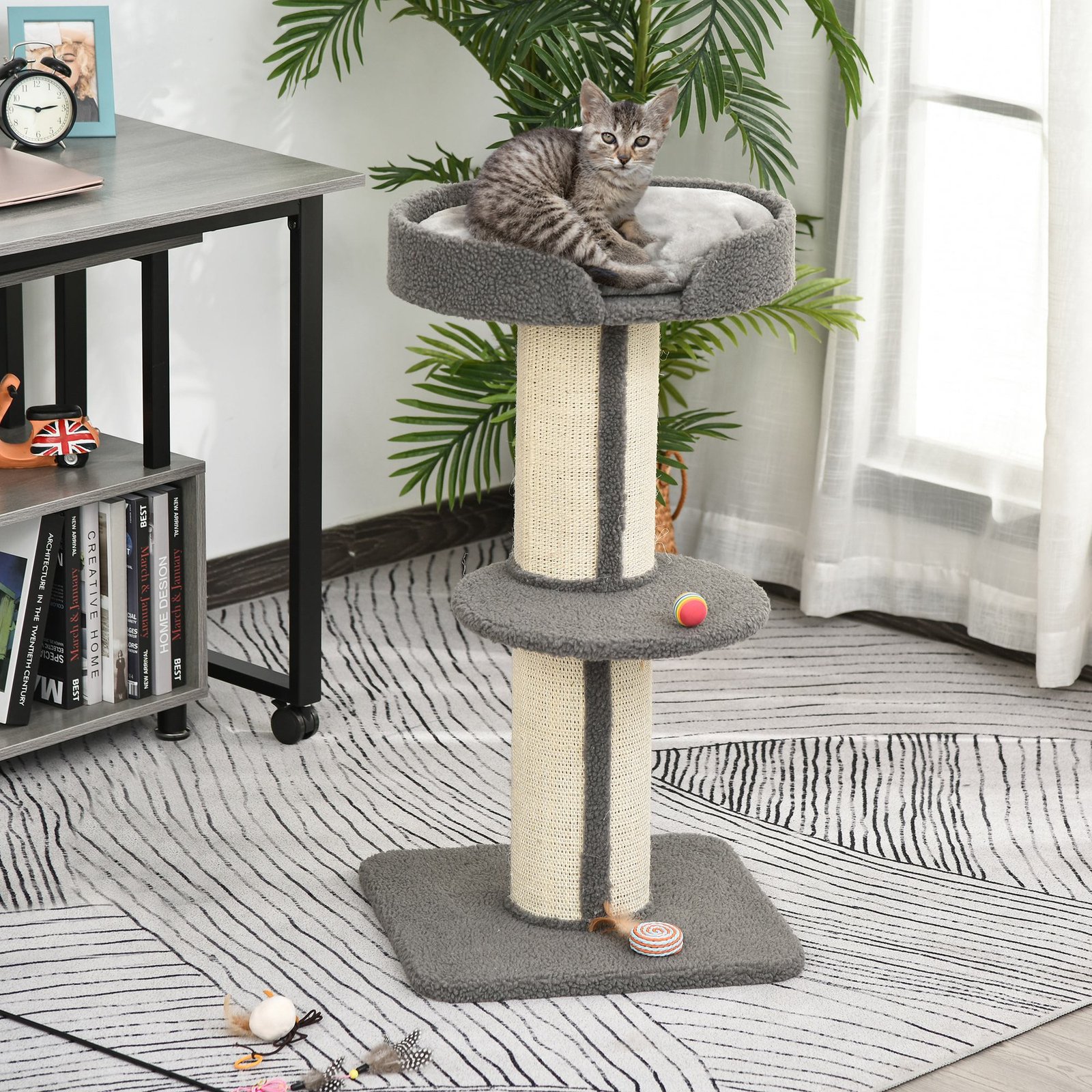 PawHut 91cm Cat Tree, Cat Tower with Scratching Post, Bed, Perch, Removable Cushion for Indoor Kittens, Grey