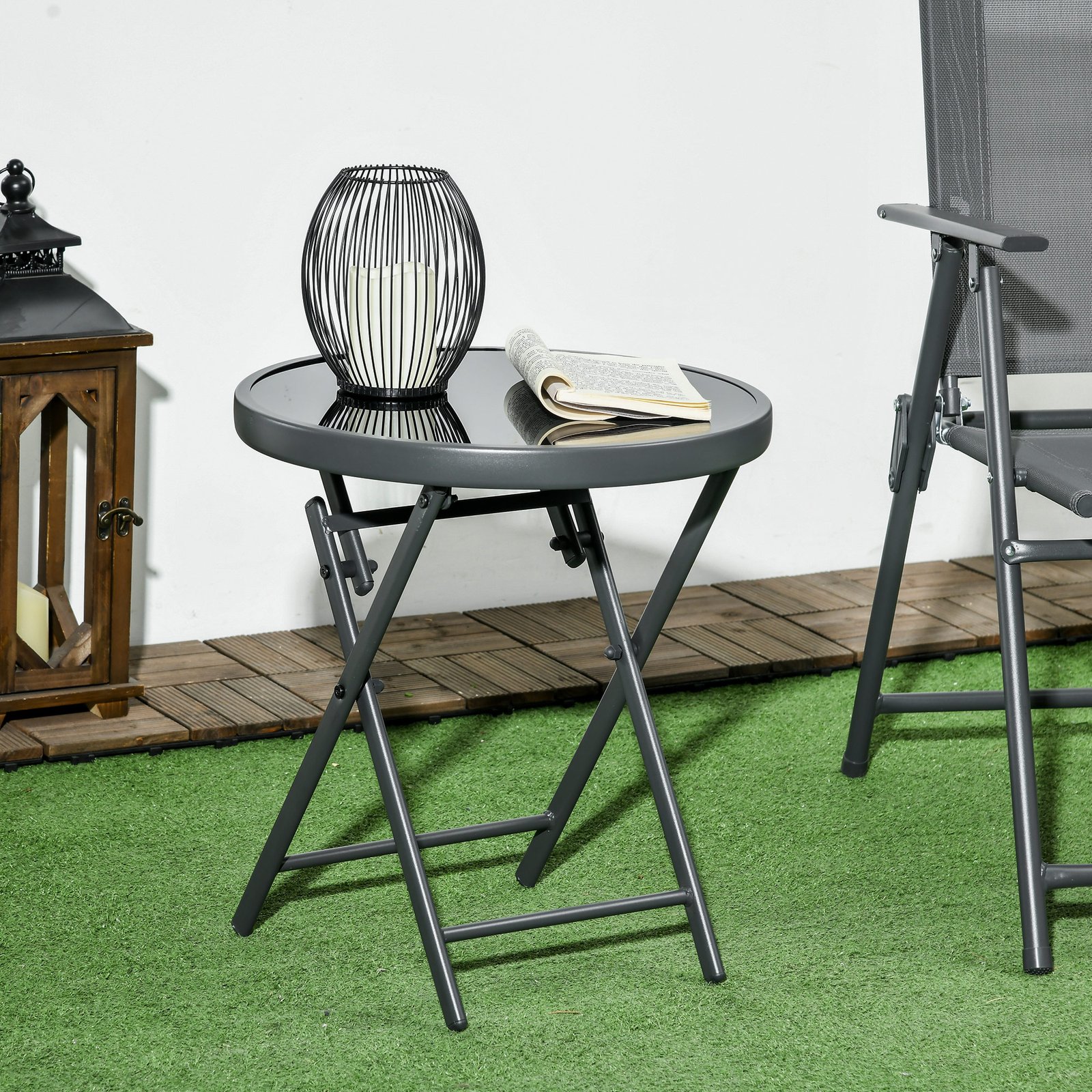 Outsunny ?45cm Garden Side Table, Outdoor Round Folding Patio Table with Imitation Marble Glass Top, Small Coffee Table, Black