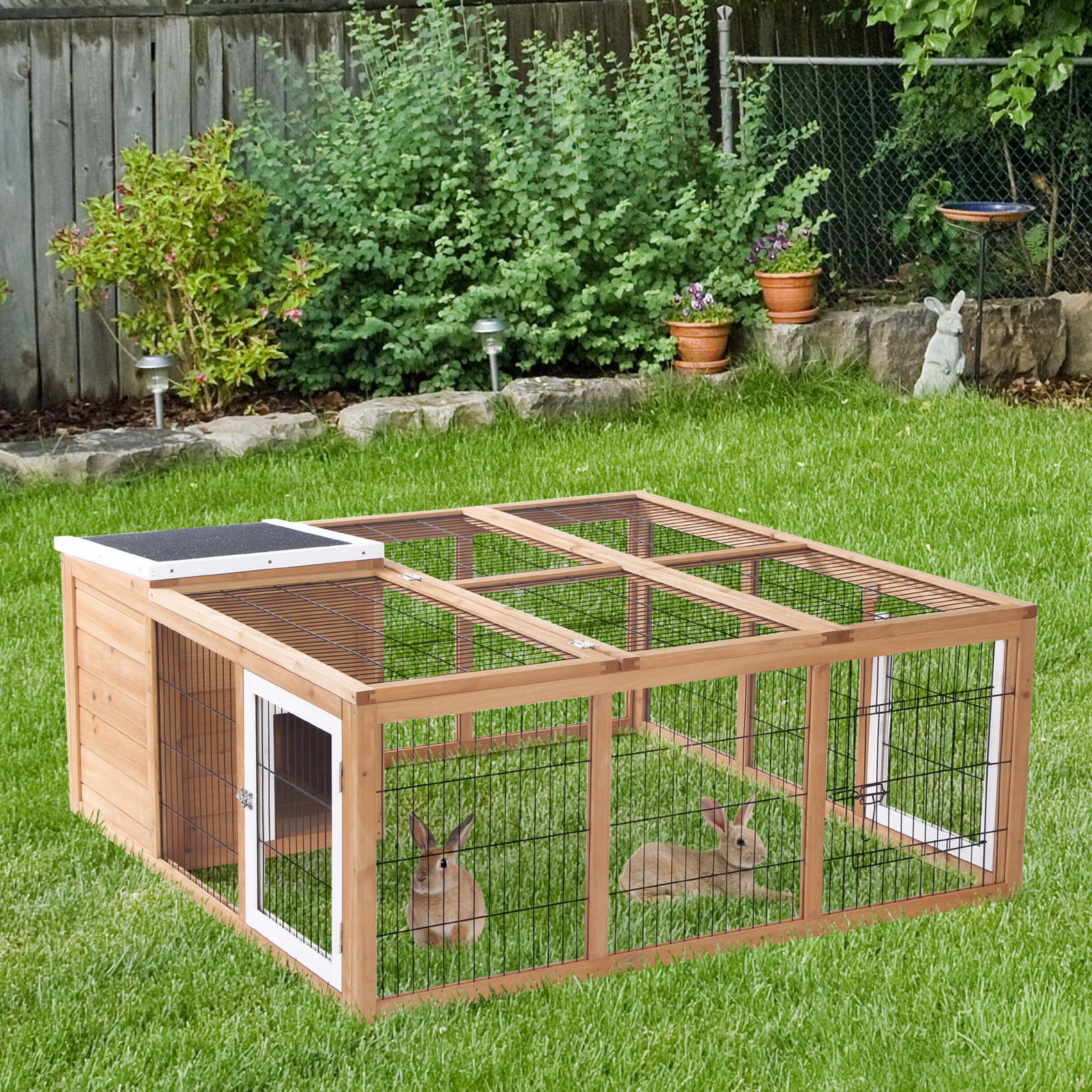 PawHut Rabbit Hutch Outdoor, Guinea Pig House, Bunny Run Cage with Openable Top for 12 Rabbits, 123 x 120 x 52cm, Yellow
