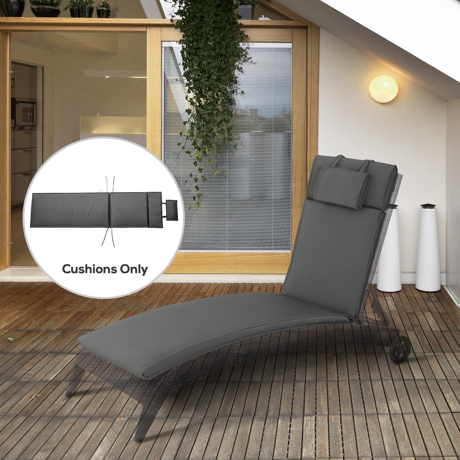 Outsunny Garden Sun Lounger Cushion Replacement Soft Sunbed Reclining Chair Relaxer Pad with Pillow, Cushion ONLY - Grey