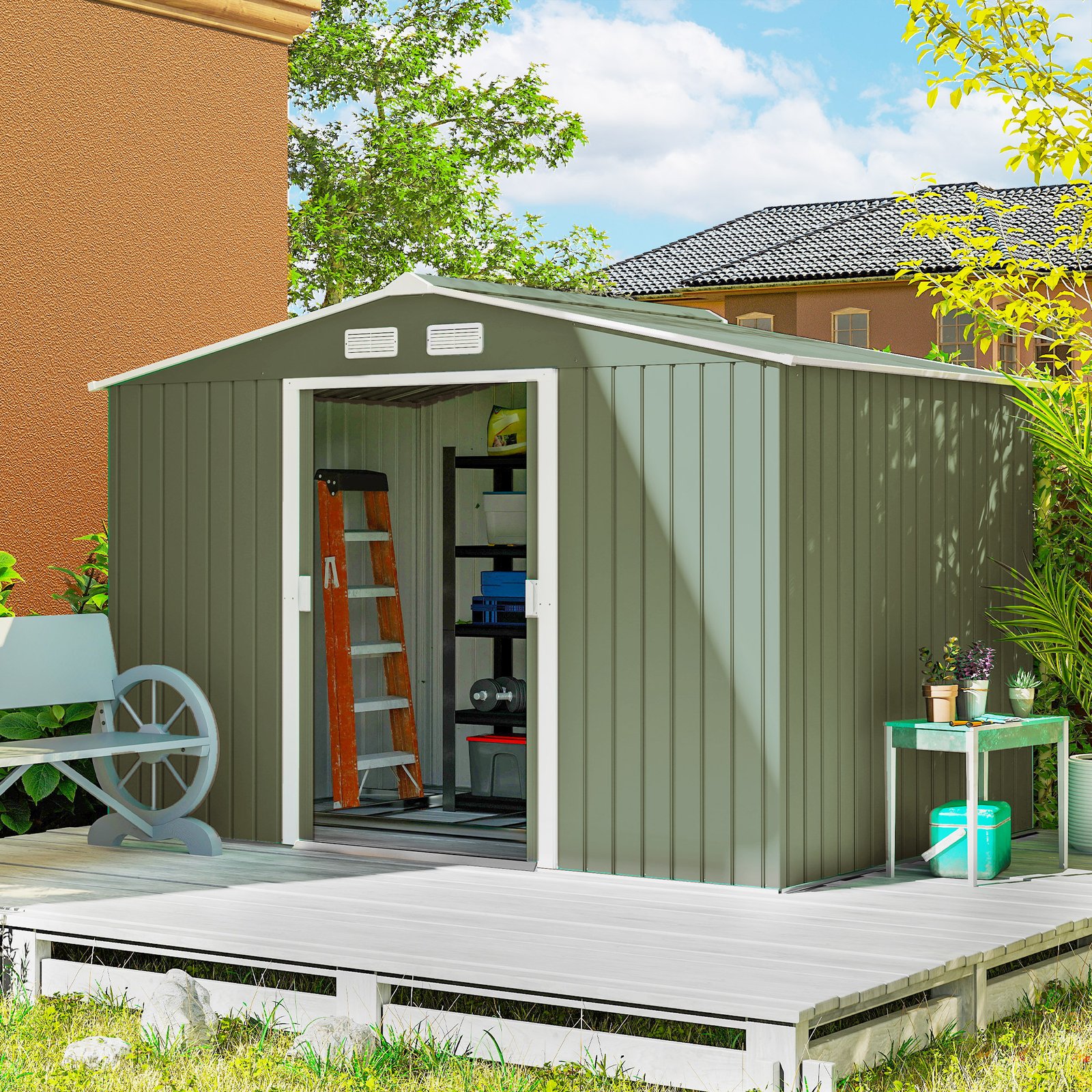 Outsunny 9 x 6ft Metal Garden Shed, Outdoor Storage Tool House with Ventilation Slots, Foundation Kit and Lockable Double Doors, Light Green