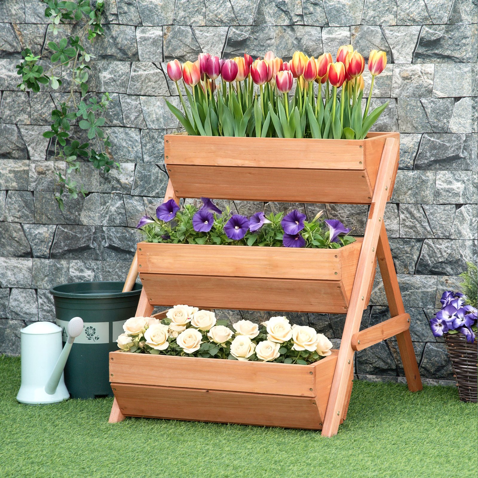 Outsunny 3 Tier Raised Garden Bed Wooden Elevated Planter Box Kit, 66L for Flower, Vegetable, Herb, 65x75x78cm, Brown