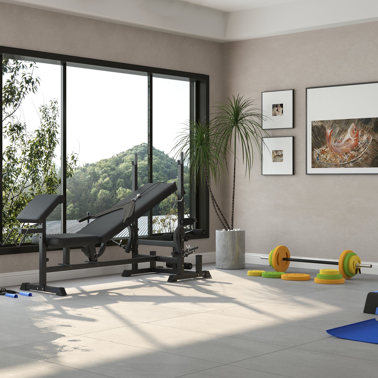 HOMCOM Weight Bench with Adjustable Barbell Rack, Leg Extension, Preacher Curl Pad and 20kg Barbell Set