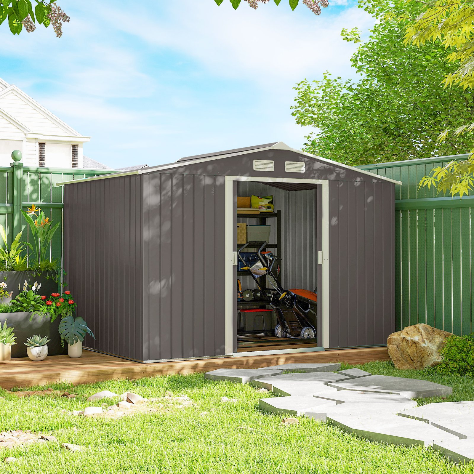 Outsunny 9 x 6FT Outdoor Garden Roofed Metal Storage Shed Tool Box with Foundation Ventilation & Doors Light, Grey