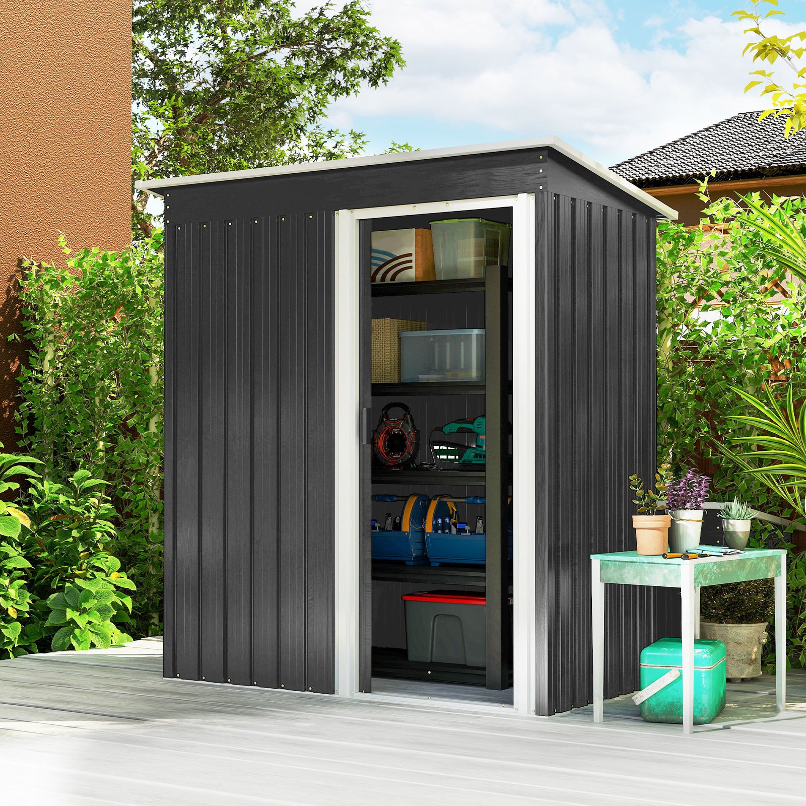 Outsunny 5 x 3ft Garden Storage Shed with Sliding Door and Sloped Roof Outdoor Equipment Tool, Black