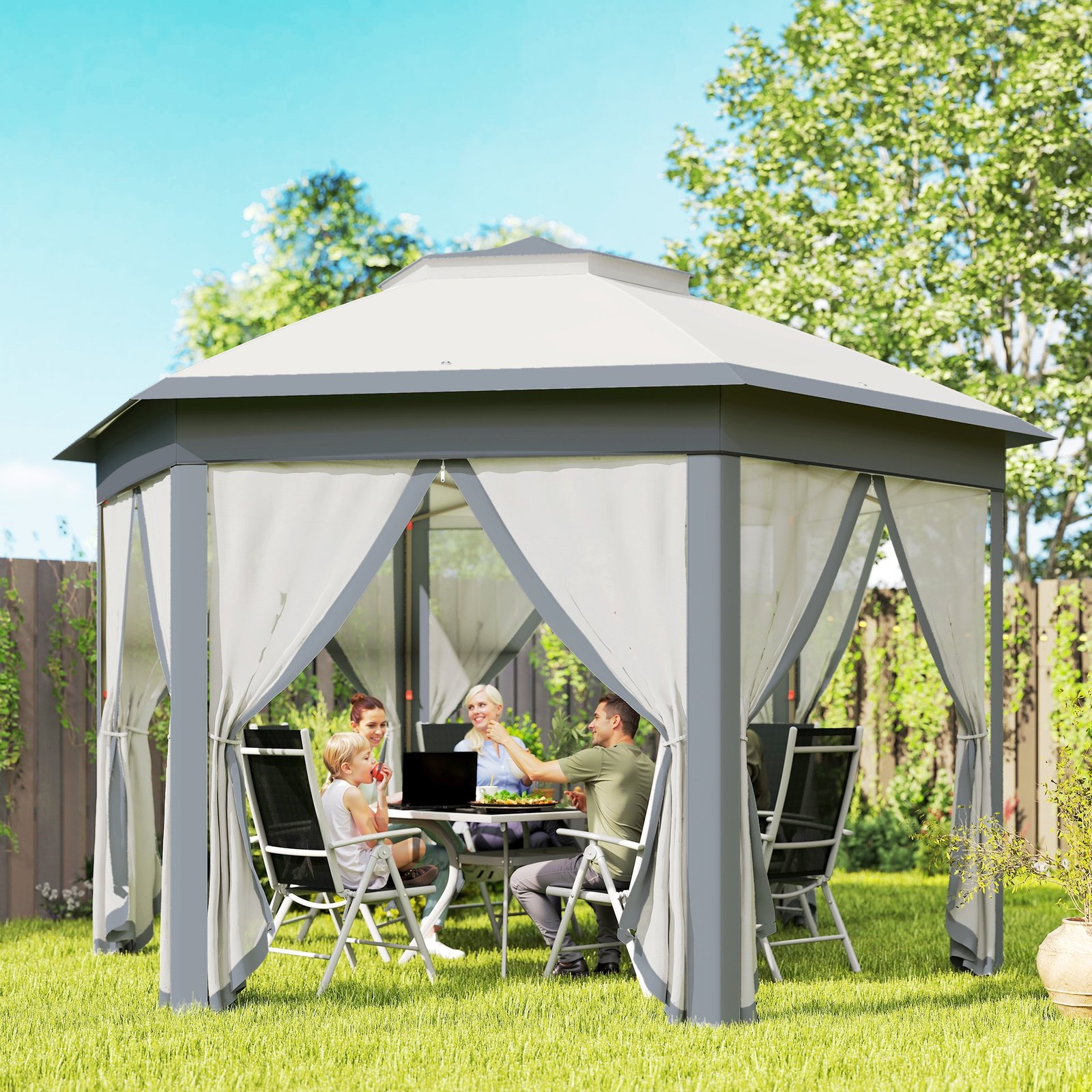 Outsunny 3 x 4m Metal Frame Hexagon Gazebo, with Curtains - Grey