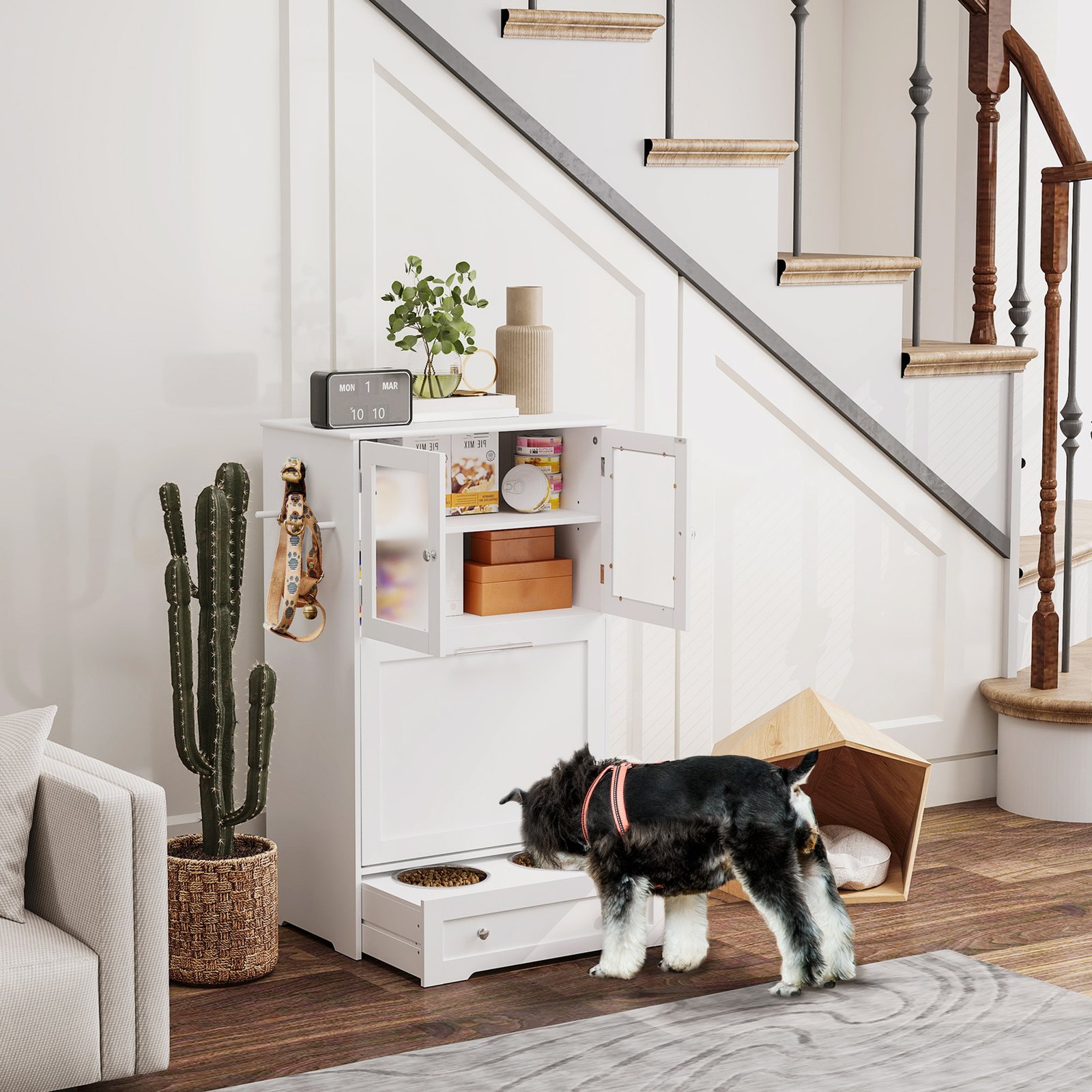 PawHut Dog Feeding Station with 2 Storage Cabinets, 2 Elevated Bowls, Side Hooks, Anti-tip Kit for Water and Feeding Supplies