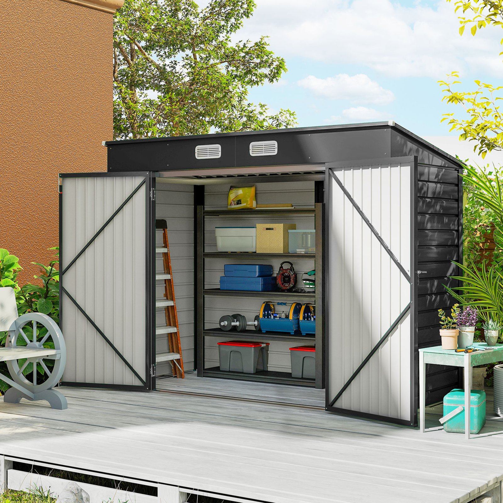 Outsunny 3.7 x 7.9ft Galvanised Steel Shed, with Latched Door and Padlock - Grey