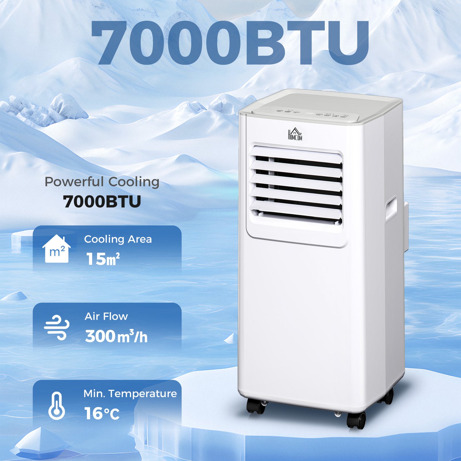 HOMCOM 7000 BTU Air Conditioning Unit, 3-in-1 Portable Air Conditioner, Dehumidifier, Cooling Fan with 2 Speeds, 24H Timer, Remote Control, LED Display, Window Venting Kit, 15m