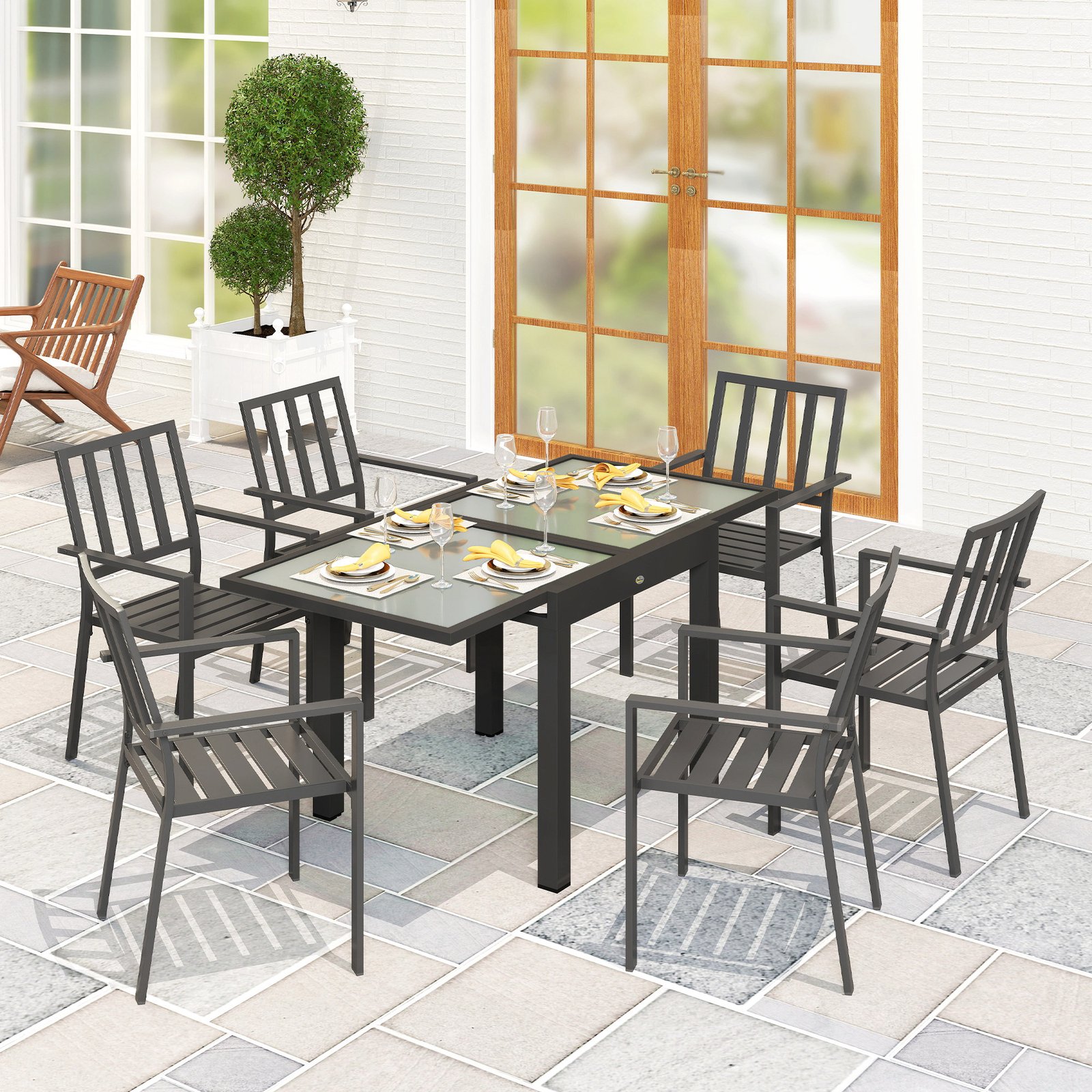 Outsunny Extending Garden Table, Outdoor Dining Table with Aluminium Frame and Tempered Glass Tabletop, 80/160 x 80 x 75 cm, Black and Clear