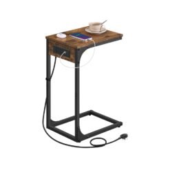 C-Shaped Side Table with Charging Station Rustic Brown