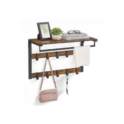 Wall-Mounted Coat Rack with Shelf & 10 Hooks - Entryway, Bedroom, Bathroom Organizer, Rustic Brown/Black