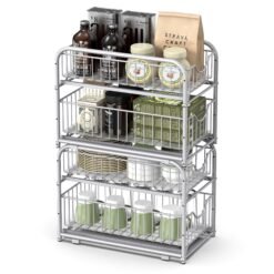 Set of 2 Sliding Basket Organizers - 2-Tier Under-Sink Storage, Stackable for Kitchen & Bathroom, Metallic Silver