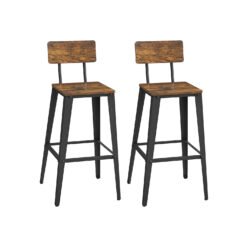 Industrial Steel Bar Stools Set of 2 with Backrests - Easy Assembly Kitchen/Bar Stools in Rustic Brown & Black (