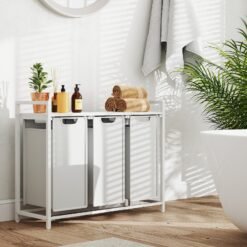 3-Section Laundry Hamper with Removable Bags, Laundry Basket with Shelf for Bedroom, 3 x 38 L, White