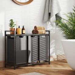 3-Section Laundry Hamper with Removable Bags, Laundry Basket with Shelf for Bedroom, 3 x 38 L, Black and Grey
