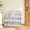 Set of 8 Sneaker Storage Boxes, Foldable Stackable Organisers for Closet, Fits UK Size 11, White and Transparent