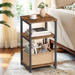 3-Tier End Table, Bedside Table, Industrial Steel Frame, Sofa Side Table, Brown and Black