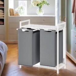 2-Section Laundry Hamper with Removable Bags, Laundry Basket with Shelf for Bedroom, 2 x 46 L, Grey and White