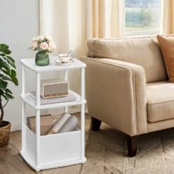 Superfast Toolless Assembly, Side Table, 3-Tier Nightstand with Fabric Basket