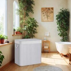 3-Section Laundry Basket, 150 L, Bamboo Laundry Hamper with Lid