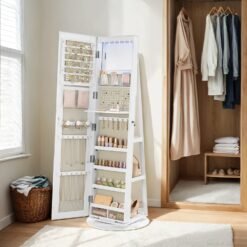 360° Rotating Mirrored Jewellery Cabinet, Lockable Jewellery Organiser, with Full-Length Mirror, White and Greige