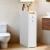 Slim Bathroom Storage Cabinet, Freestanding Narrow Organiser for Toilet Paper, Small Space Saver, with Drawers, White