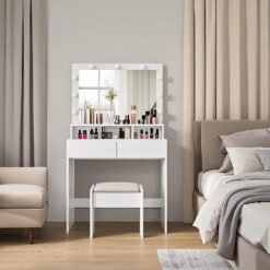 Vanity Table with Large Mirror, LED Lights with Adjustable Brightness, 2 Drawers and 3 Compartments