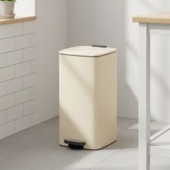 Pedal Waste Bin, 30 L Steel Bin with Inner Bucket, Soft Close, for Kitchen, Stays Open, Beige