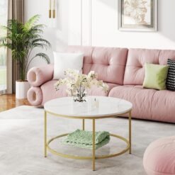 Living Room Table, Sofa Cocktail Table Faux Marble Round, Modern Coffee Table, for Living Room, Marble White and Gold