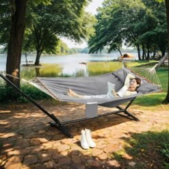Hammock, Outdoor Swing Bed with 2 Pillows, Wooden Bars