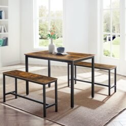 3-Piece Industrial Kitchen Table and Bench Set with Steel Frame, Space Saving for Small Dining Room, Brown and Black
