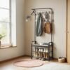 4-in-1 Coat Rack Stand with Shoe Bench, Hall Tree with 9 Handy Hooks, a Clothes Rail, 34 x 72 x 183 cm, Greige and Black