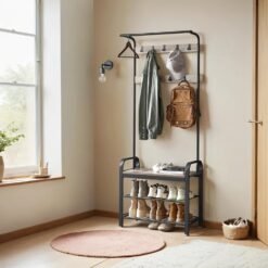 4-in-1 Coat Rack Stand with Shoe Bench, Hall Tree with 9 Handy Hooks, a Clothes Rail, 34 x 72 x 183 cm, Greige and Black