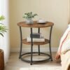 Industrial End Table with 2 Shelves, Small Round Side Table for Living Room, Bedroom, Easy to Assemble, Brown and Black