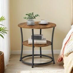Industrial End Table with 2 Shelves, Small Round Side Table for Living Room, Bedroom, Easy to Assemble, Brown and Black