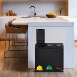 3 x 8 L Metal Kitchen Rubbish Bin, Pedal Trash Bin for Waste and Recycling, with Lids and Inner Buckets