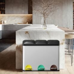 3 x 8 L Metal Kitchen Rubbish Bin, Pedal Trash Bin for Waste and Recycling, with Lids and Inner Buckets