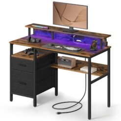 Study Desk with Power Outlets, Computer Desk with Monitor Stand, LED Lighting