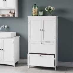 Freestanding Bathroom Floor Storage Cabinet, Bathroom Storage Unit with 2 Drawers and Doors, Adjustable Shelf, White