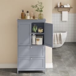 Bathroom Floor Storage Cabinet, Freestanding Bathroom Storage Unit with 2 Drawers and Doors, Adjustable Shelf
