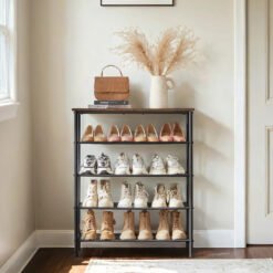 5-Tier Shoe Rack, Shoe Storage Shelf with 3 Fabric Shelves and Top, Steel Frame
